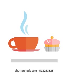 Flat Coffee and cake isolated on white background.