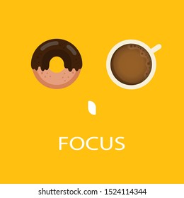 Flat coffee and chocolate donuts design on yellow background. Vector illustration.