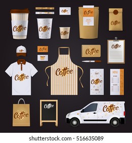 Flat coffee corporate identity design template set for cafe with uniform car glasses menu stationary isolated on black background vector illustration