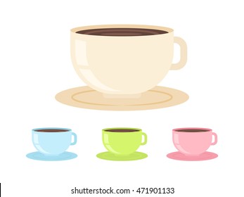Flat coffee cup in cartoon style, isolated on white background. Set of mugs with different colors variations