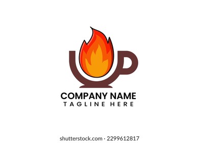 Icono del logotipo de la llama de fuego de la taza de café plana ilustración del diseño del vector