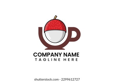 Flat coffee cup lychee fruits logo icon template vector design illustration