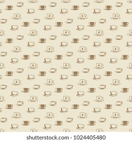 Flat coffee cup and mug seamless pattern for cafe, shop, markets. Vector illustration