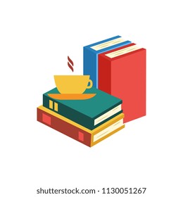 Flat coffee cup standing at book pile or column top view. Symbol of education, library literature and wisdom. School, college or university studying equipment. Vector isolated illustration.