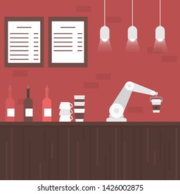 Flat coffee house interior with modern robot arm. Vector illustration of Futuristic barista machine, cappuccino maker. Cafe and bar equipment