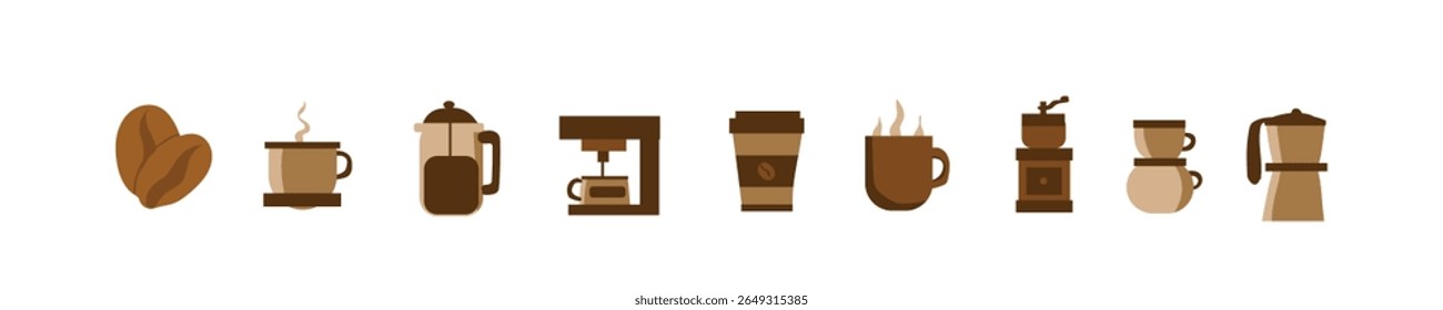 Flat Coffee Icon Set - Coffee Cup, Coffee Bean, Grinder, French Press, Moka Pot, Minimalist Style, Vector Illustration