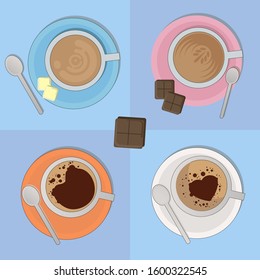 Flat Coffee Icon Top View Vector. Realistic Coffee Cups
