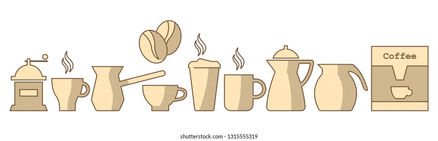 Flat coffee icons set. Different coffee drinks isolated on white background. Espresso, macchiato, chocolate, mocha, irish, cocoa, frappe, glace, americano, latte, cappuccino. - Vector illustration
