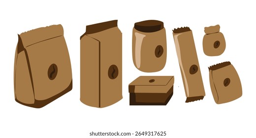 Conjunto de embalagem de café plano - Bolsa, Saqueta, Saco, Frasco, Caixa, Cilindro, Saco pequeno, Ilustração de vetor minimalista

