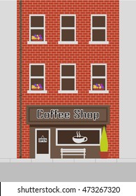 flat Coffee shop building, house from bricks background 