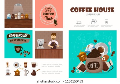 Flat coffee shop infographic concept with barista cups of hot drink bag of beans coffee machines grinder milk turk vector illustration