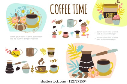 Flat coffee time colorful composition with cups mugs of hot drink turk coffee bean cake croissant flowers branches vector illustration