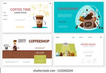 Flat coffee time websites set with barista paper cup milk beans coffee grinder machines turk thermos plate spoon vector illustration