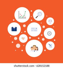 Flat Cogwheel, Group, Magnifier And Other Vector Elements. Set Of Job Flat Symbols Also Includes Statistics, Cog, Weight Objects.