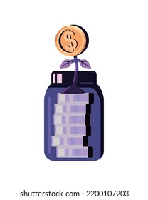flat coins jar with money plant over white