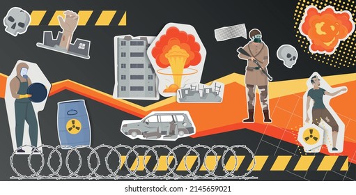 Flat collage with apocalypse and atomic war scenes in stickers vector illustration