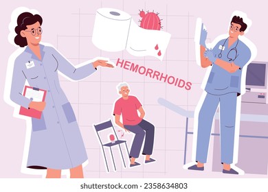 Collage plano con hombres que sufren de hemorragia y proctólogos sonrientes que van a ayudar a la ilustración vectorial