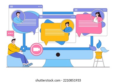 Flat-Kollegen, die Kommunikation per Video diskutieren, rufen nach Online-Business-Konzept. Rahmendesign-Stil minimale Vektorgrafik.