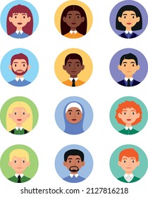 Flat collection with avatar people different nationality and gender. Id illustration set for internet sites. Colorful business icon with woman and man faces. 