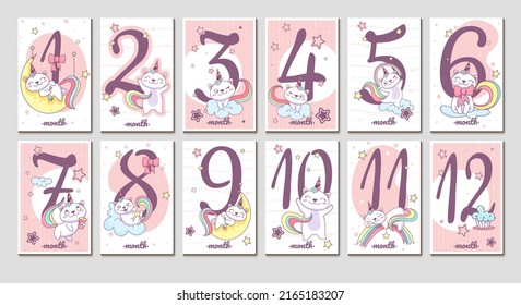 Flat Collection Of Baby Monthly Milestone Cards With Cute Unicorn Cat And Numbers In Pink Color. Birthday Month Stickers For Newborn Kids Girl With Funny Caticorn On Cloud, Rainbow And Moon.