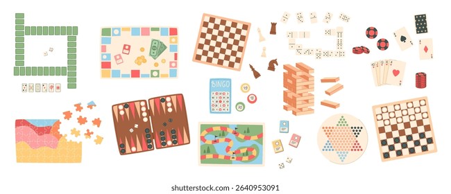 Flat collection of board game set. Boardgame selection with chess, poker, domino, and bingo pieces. Fun puzzles for family and children at home or parties, playful graphic.