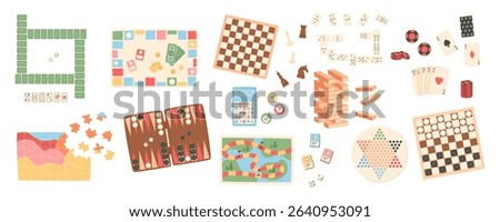 Flat collection of board game set. Boardgame selection with chess, poker, domino, and bingo pieces. Fun puzzles for family and children at home or parties, playful graphic.