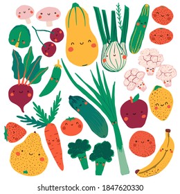 Flat collection of cute food: cucumbers, mushrooms, beets, sweet pea, zucchini, banana, orange, apple, strawberry and other. Vector illustration