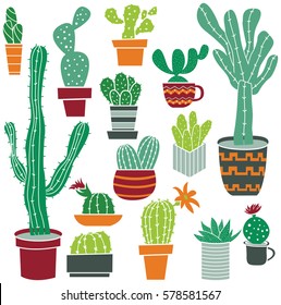 Flat collection of cute potted cactuses. Vector set with tropical and desert plants.