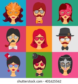 Flat collection of decorative icons with people faces in carnival masks and masquerade attributes  for retro party isolated vector illustration 
