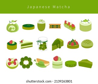 Flat Collection of different Japanese and French matcha dessert patterns, cakes, cookies, towers, latte