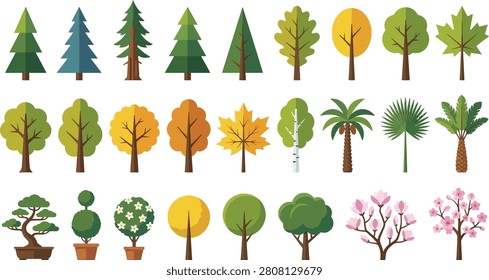 A flat collection of diverse trees in various colors and styles, including evergreen, deciduous, palm, flowering, bonsai, and topiary.