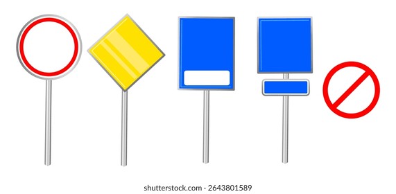 flat Collection of empty Road Signs, Traffic Signs: Traffic Lights Ahead, No Entry, Car Parking, School Crossing, Stop and Give Way Symbols Ahead. isolated on white background