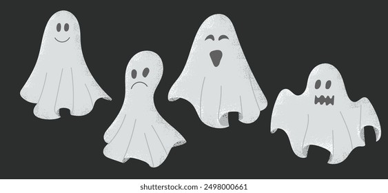 Flat collection of hand drawn contrast ghosts with grunge texture. Scary design for Halloween on dark background. Funny ghosts with different face expressions