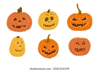 Flat collection of hand drawn contrast scary pumpkins. Spooky design for Halloween isolated on white background. Cute jack o lantern with different face expressions