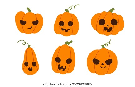 Flat collection of hand drawn contrast scary pumpkins. Spooky design for Halloween isolated on white background. Cute jack o lantern with different face expressions