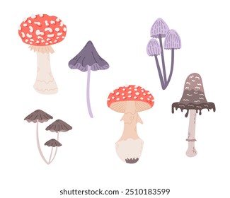 Colección plana de setas venenosas dibujadas a mano. Diseño espeluznante para Halloween aislado sobre fondo blanco. Clipart de Vector para la decoración, pegatinas, logotipo