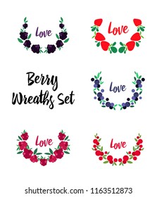 Flat collection of hand-drawing different botanical wreaths. Floral wreaths with different berries with leaves isolated on white background. Nature design vector elements for decoration.