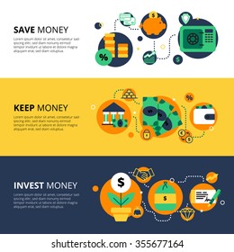 Flat collection of horizontal finance banners with saving keeping and investing money themes vector illustration 