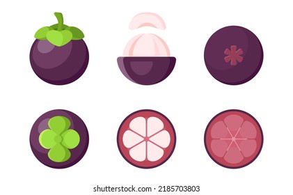 Flat collection mangosteen in different perspectives isolated on white background