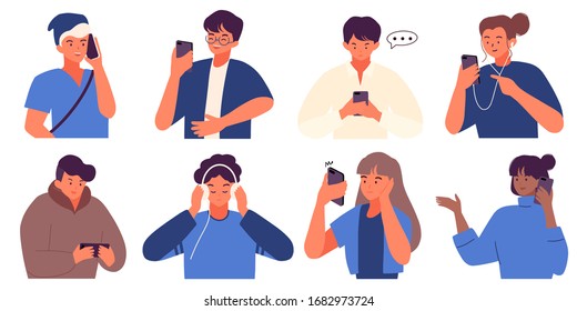 colección plana de gente milenaria usando smartphone.