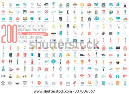 Flat collection set icons of business, social, eco, bank, farm, fashion, tool, medicine, travel, candy, logistic, make up, training, office, skill, fruit, rescue, startup. For infographic illustration