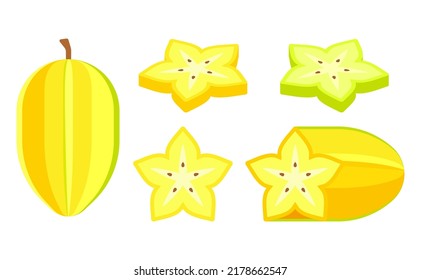 Flat Collection Star Fruits Isolated On White Background. Sliced star fruit with rounded corner style.