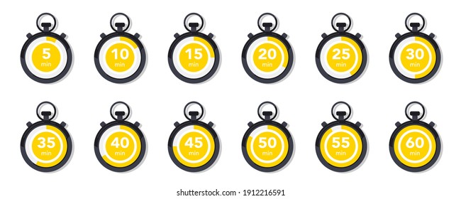 Flat collection with stopwatch. Timer icon set. Clock vector icons. Countdown minutes. Collection of time, clock, watch, timer. Time management. Sport clock, vector design element