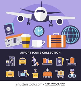 Flat collection of various airport icons isolated on black background and flying plane vector illustration