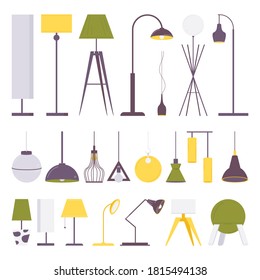 Flat collection of various light fixtures for lighting and interior design. Torch, table, standart ceiling lamps in green and yellow colors