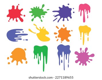 Flat collection of vector illustrations of colorful ink blots.Various splashes and drops, cartoon splashes. Collection of ink stained paints.