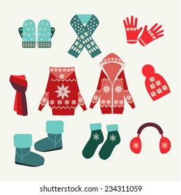 Flat collection of winter clothes and accessories - Illustration