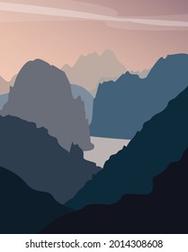 Flache Farbabstraktion. Handgezeichnetes Vektorbild. Bergregion mit Fluss. Design für Karten, Poster, Hintergründe, Textilien, Vorlagen, Avatare, Menüs, Logos.