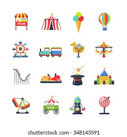 Flat color amusement park icons with roller coaster circus tent ferris wheel and airship isolated vector illustration 