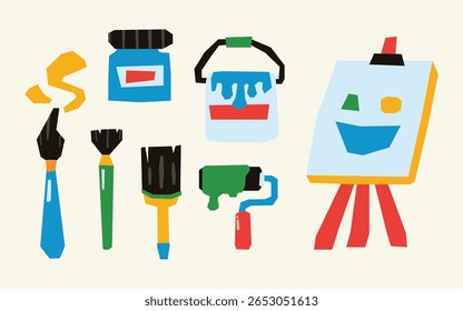 Flat Color Art Supplies Element Sticker Set with Soft Bold Palette in Cutout Style